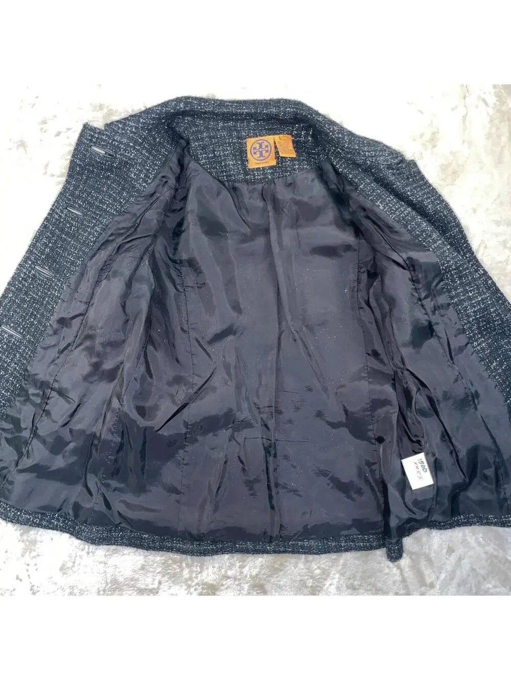 Tory Birch Black & Silver Metallic Tweed Blazer Jacket 3/4 Length Sleeves Sz 4